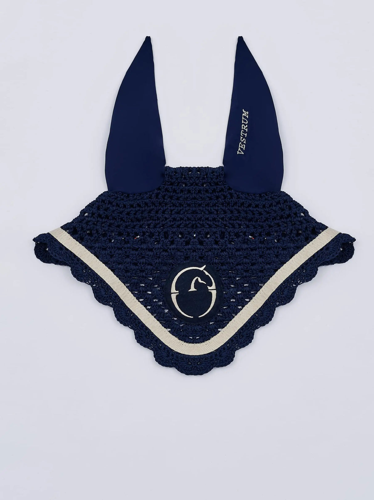 Cuffietta per cavallo ad uncinetto Vestrum blu con bordo bianco