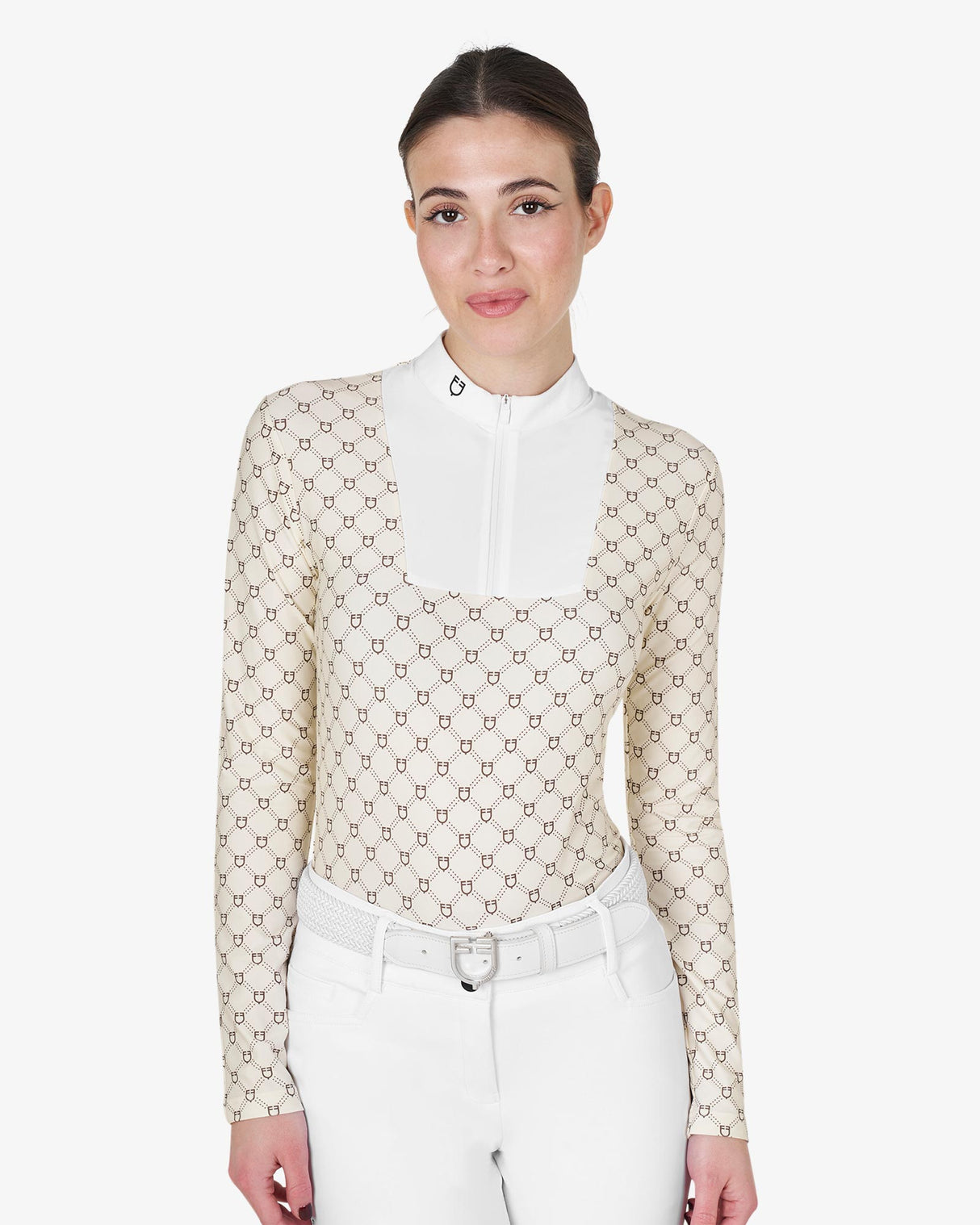 Polo donna da concorso a manica lunga con stampa monogram XS