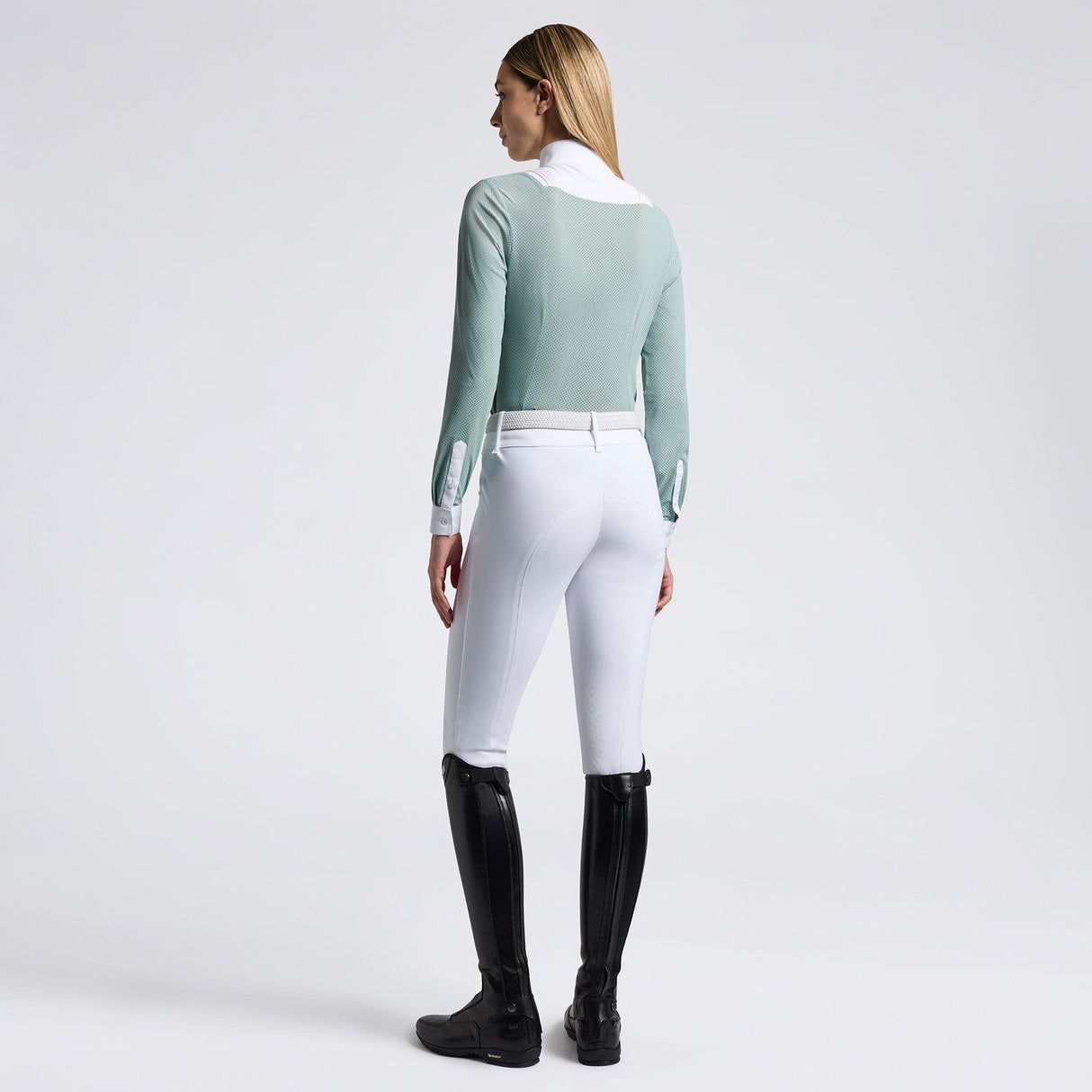 Camicia da concorso da donna in jeresey, bottoni e maniche lunghe verde ottone chiaro Cavalleria Toscana