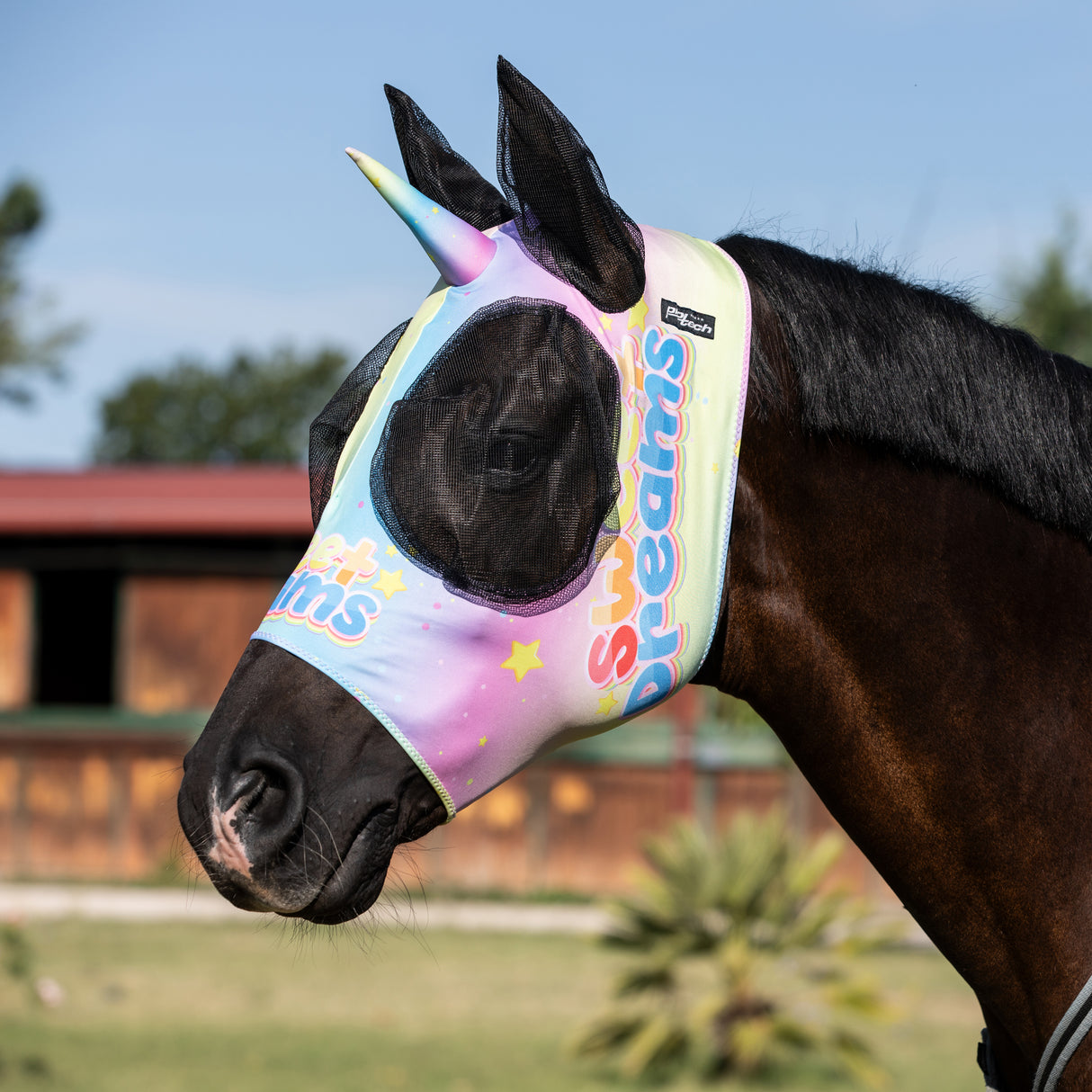 Maschera antimosche unicorno in lycra con rete copriorecchie
