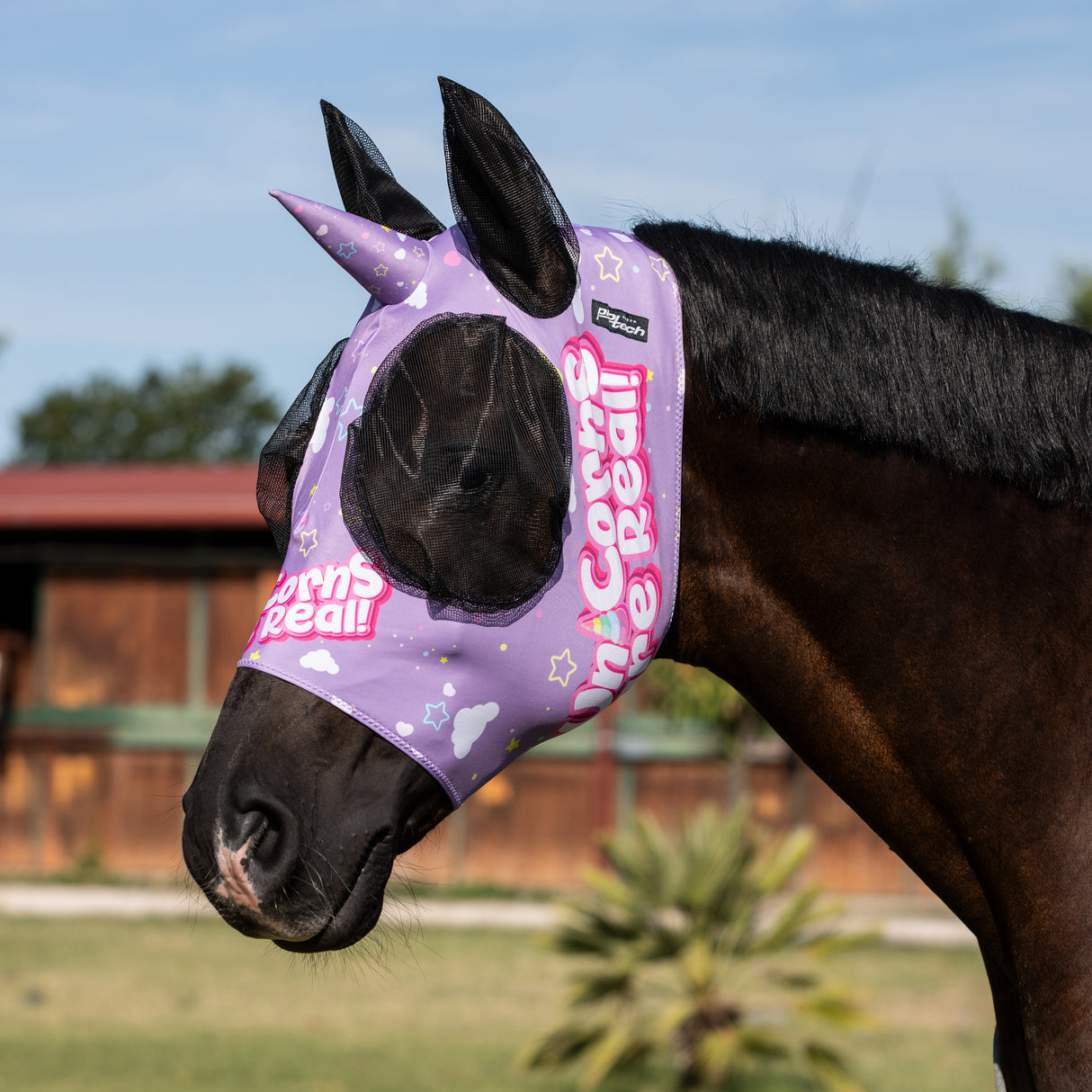 Maschera antimosche unicorno in lycra con rete copriorecchie