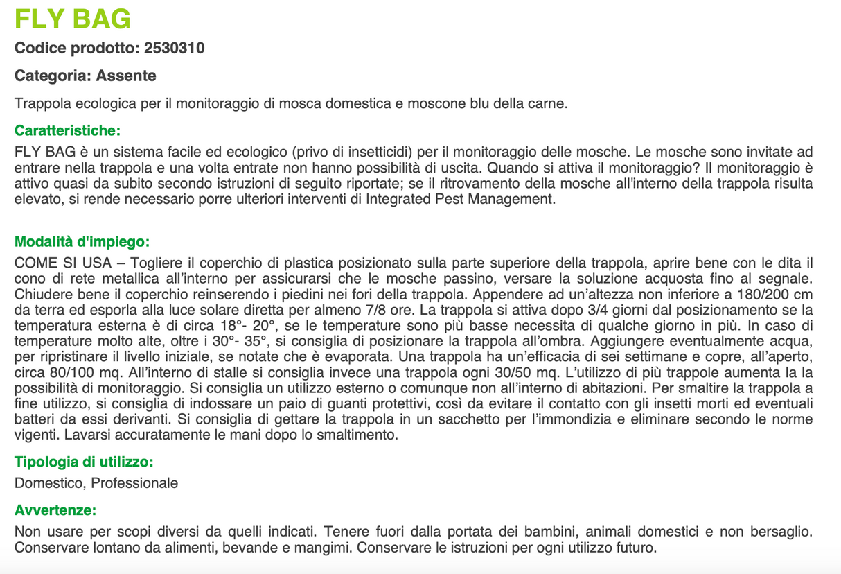 FLY BAG trappola ecologica con attrattivo per mosche Copyr