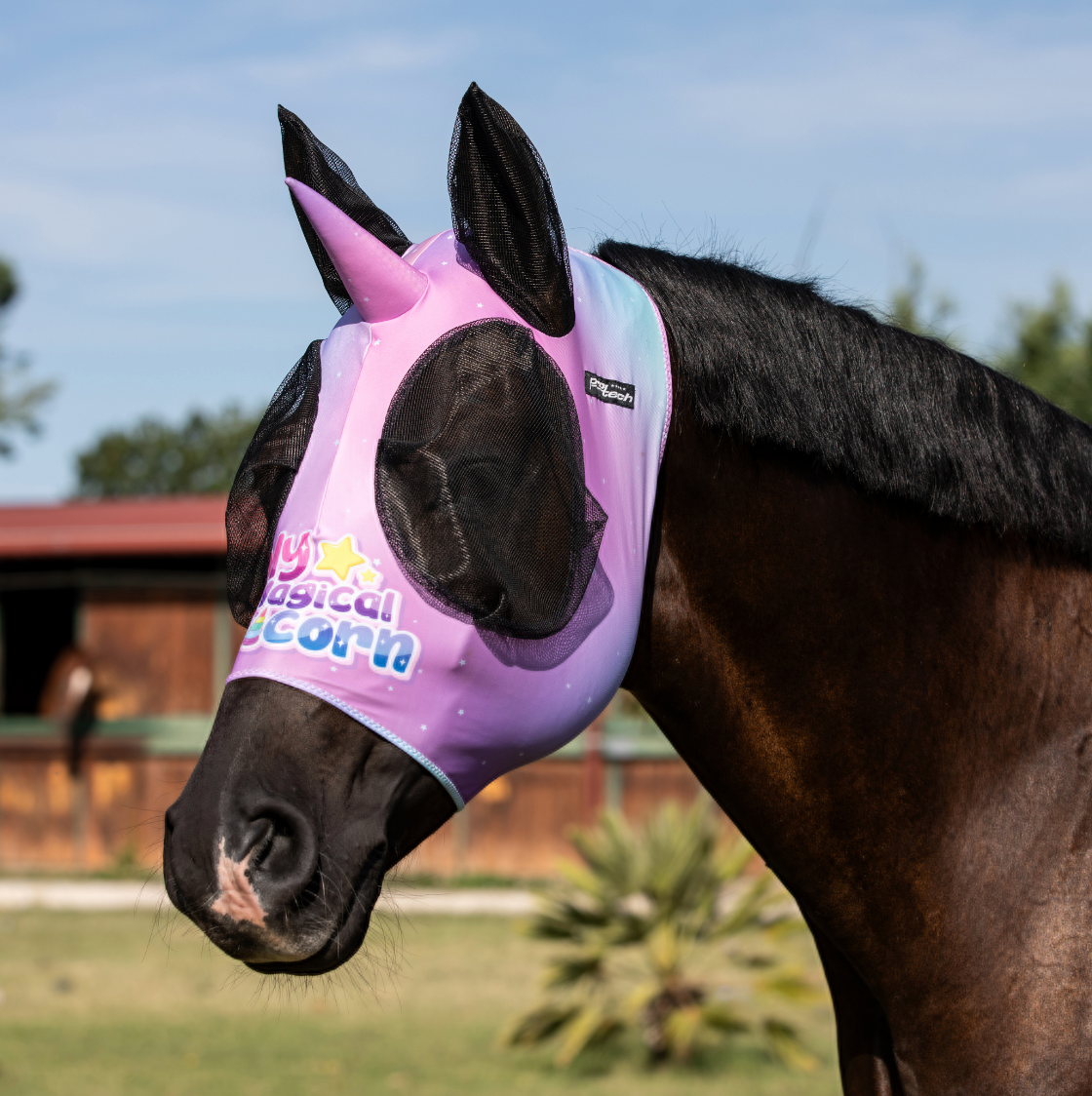 Maschera antimosche unicorno in lycra con rete copriorecchie