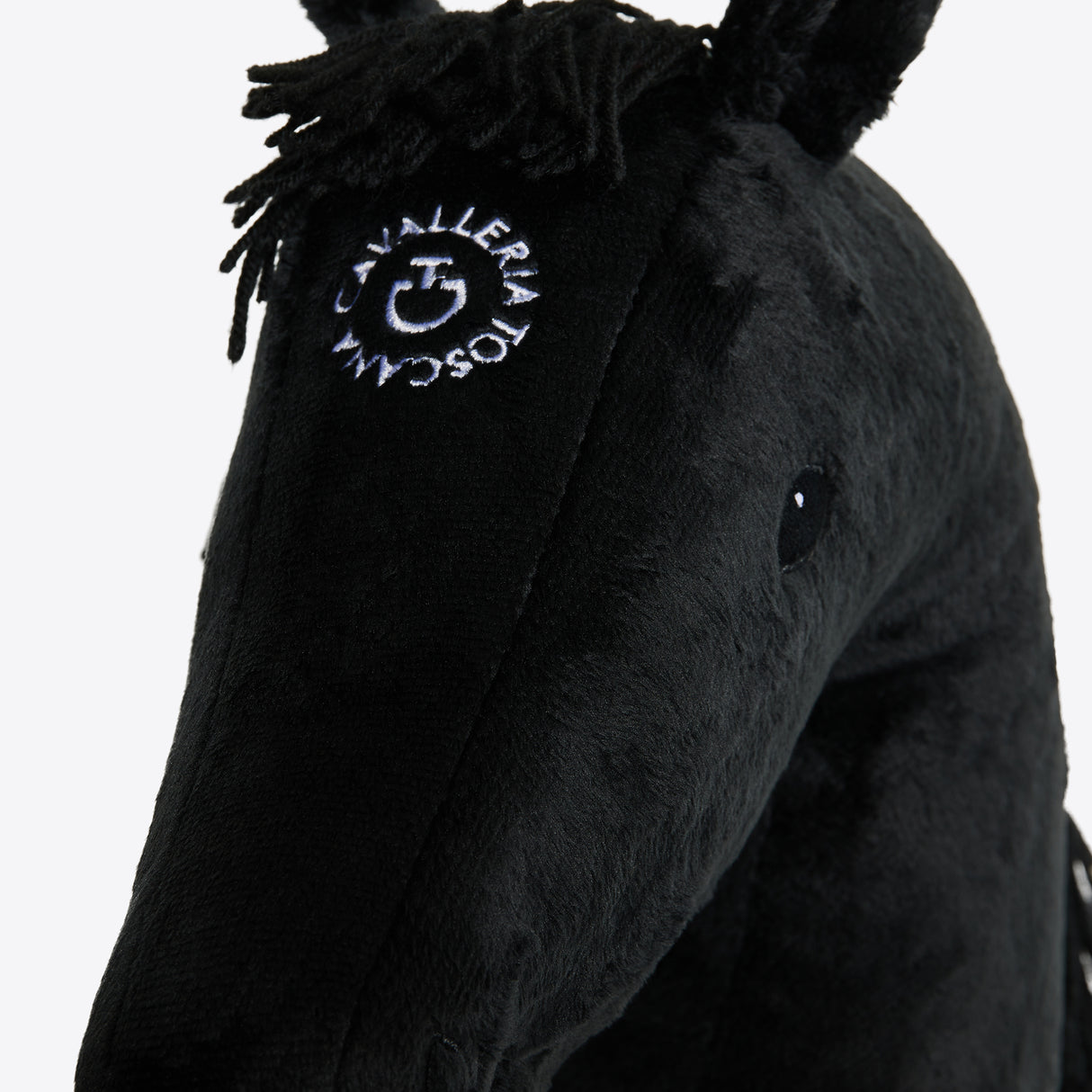 Cavallino a bastone Cavalleria Toscana in peluche nero con ricami e bastone in legno
