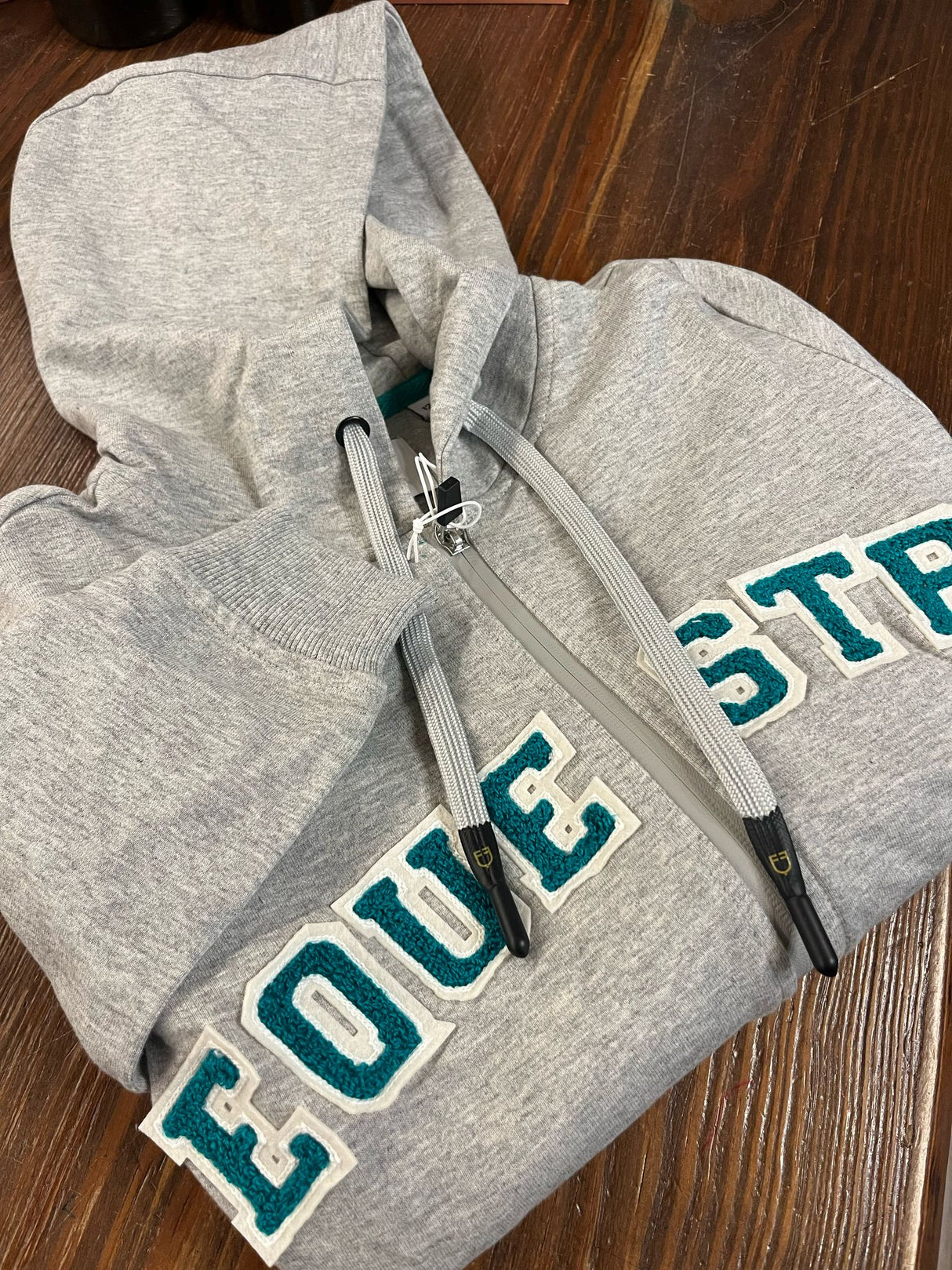 Felpa da bambina con cappuccio e zip frontale grigia con scritta Equestro verde