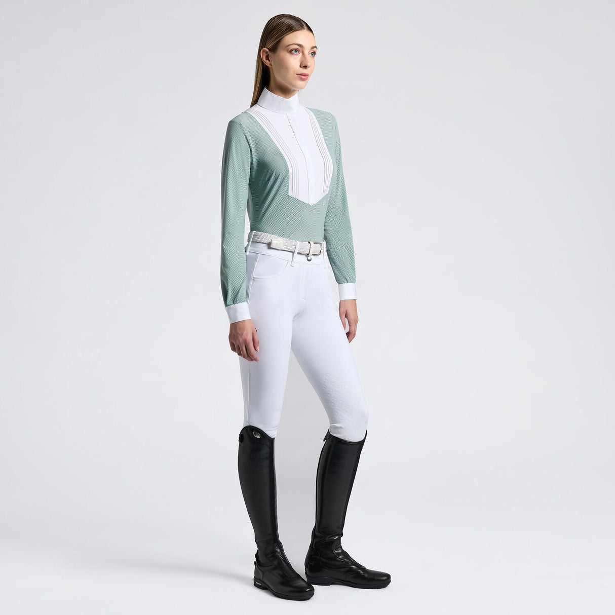 Camicia da concorso da donna in jeresey, bottoni e maniche lunghe verde ottone chiaro Cavalleria Toscana
