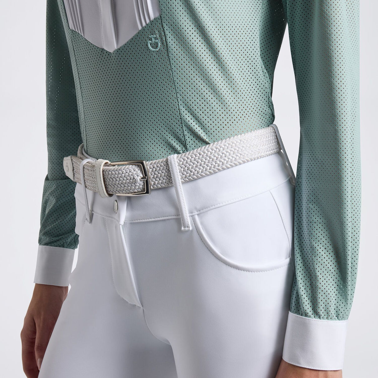 Camicia da concorso da donna in jeresey, bottoni e maniche lunghe verde ottone chiaro Cavalleria Toscana