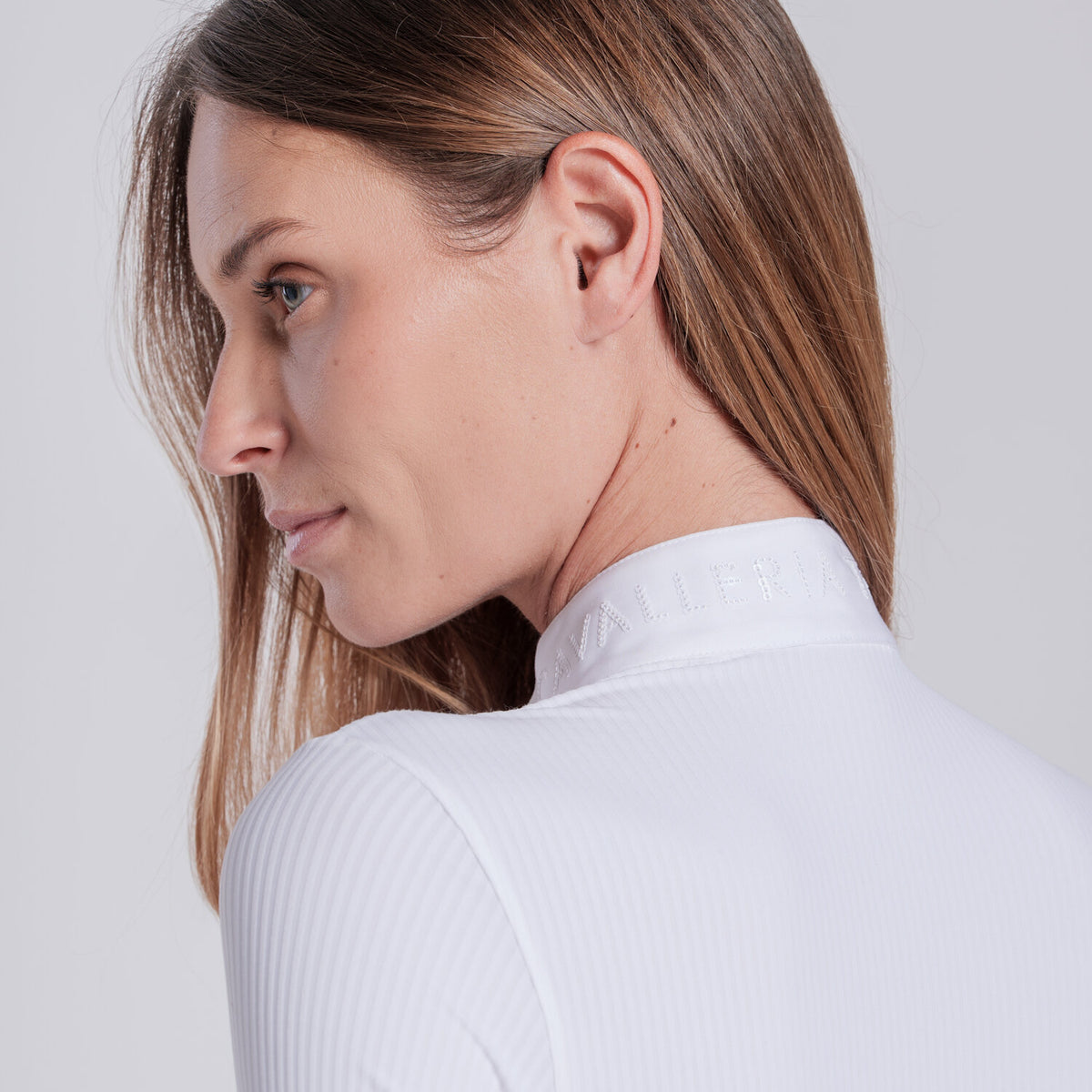 Camicia da gara donna con righe verticali e logo in paillettes Cavalleria Toscana