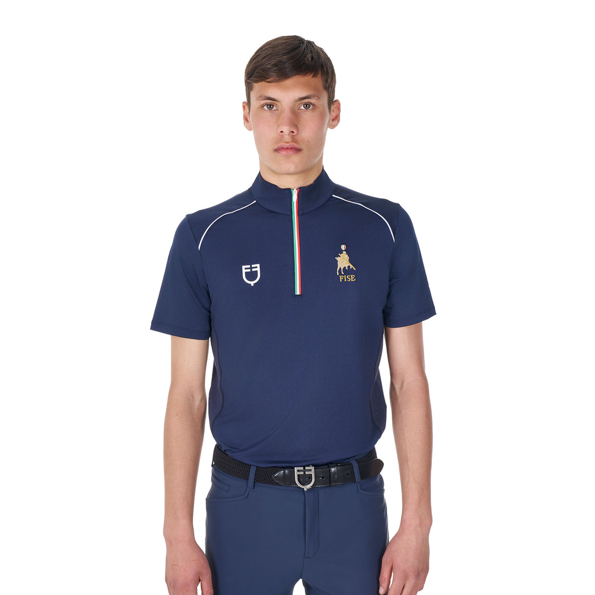 Polo uomo da allenamento zip tricolore Equestro X FISE navy blazer