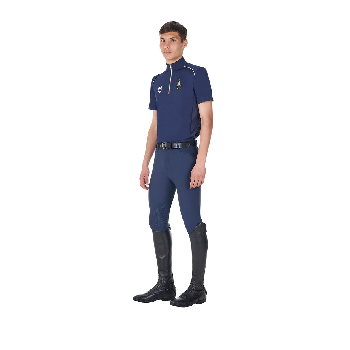 Polo uomo da allenamento zip tricolore Equestro X FISE navy blazer