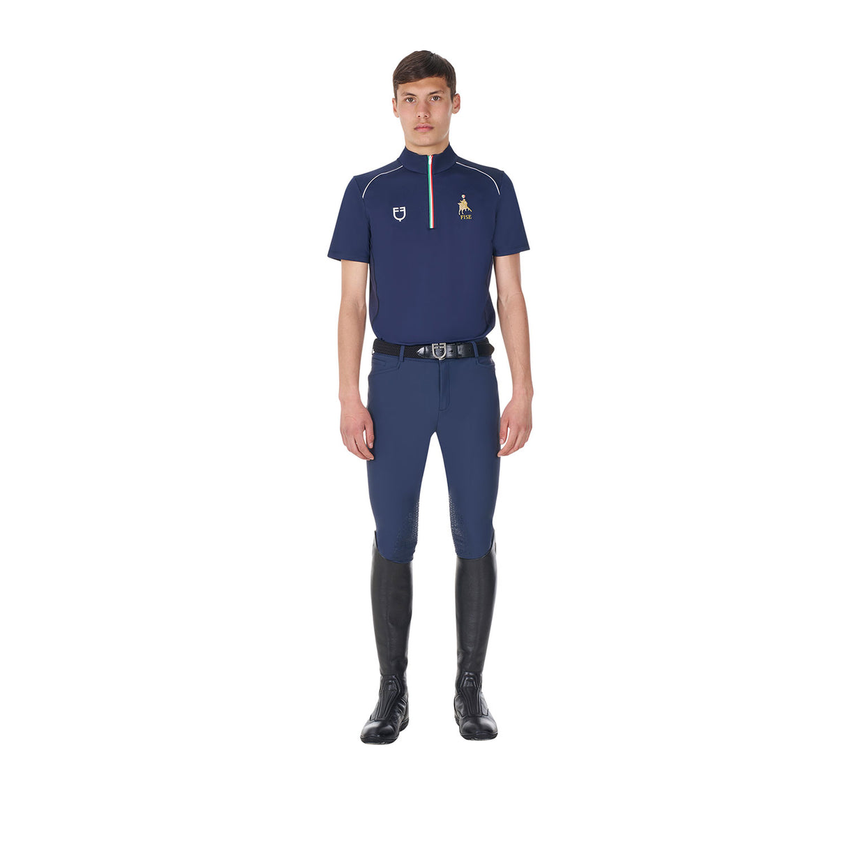 Polo uomo da allenamento zip tricolore Equestro X FISE navy blazer