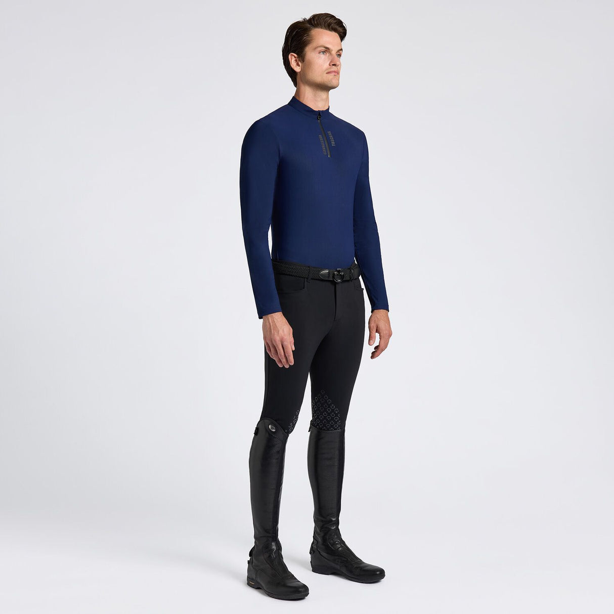 Polo Cavalleria Toscana uomo  maniche lunghe con zip frontale opaca e logo CT stampato in rilievo