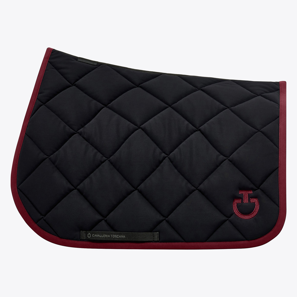 Set sottosella e cuffia Jumping Cavalleria Toscana con trapuntatura a rombi blu con logo e bordo bordeaux