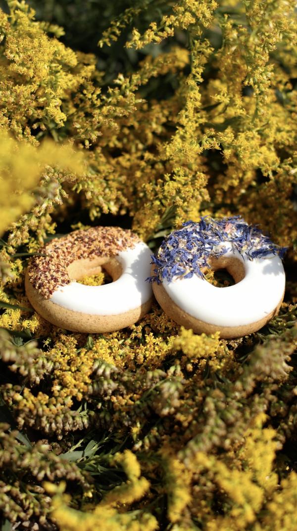 Ciambelle fiordaliso + rosa canina I Set di 2 ciambelle per cavalli con glassa ed erbe aromatiche